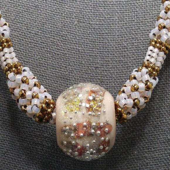 Artisan Woven Glass Beaded Necklace, Opalescent Pink Gold Glass Beads, 20 Inches - Picture 7 of 12